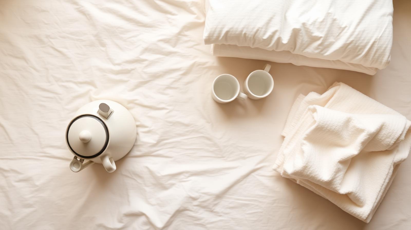 Mesa con blancos, toallas, utensilios y lista priorizada para equipar un Airbnb sin gastar de más.