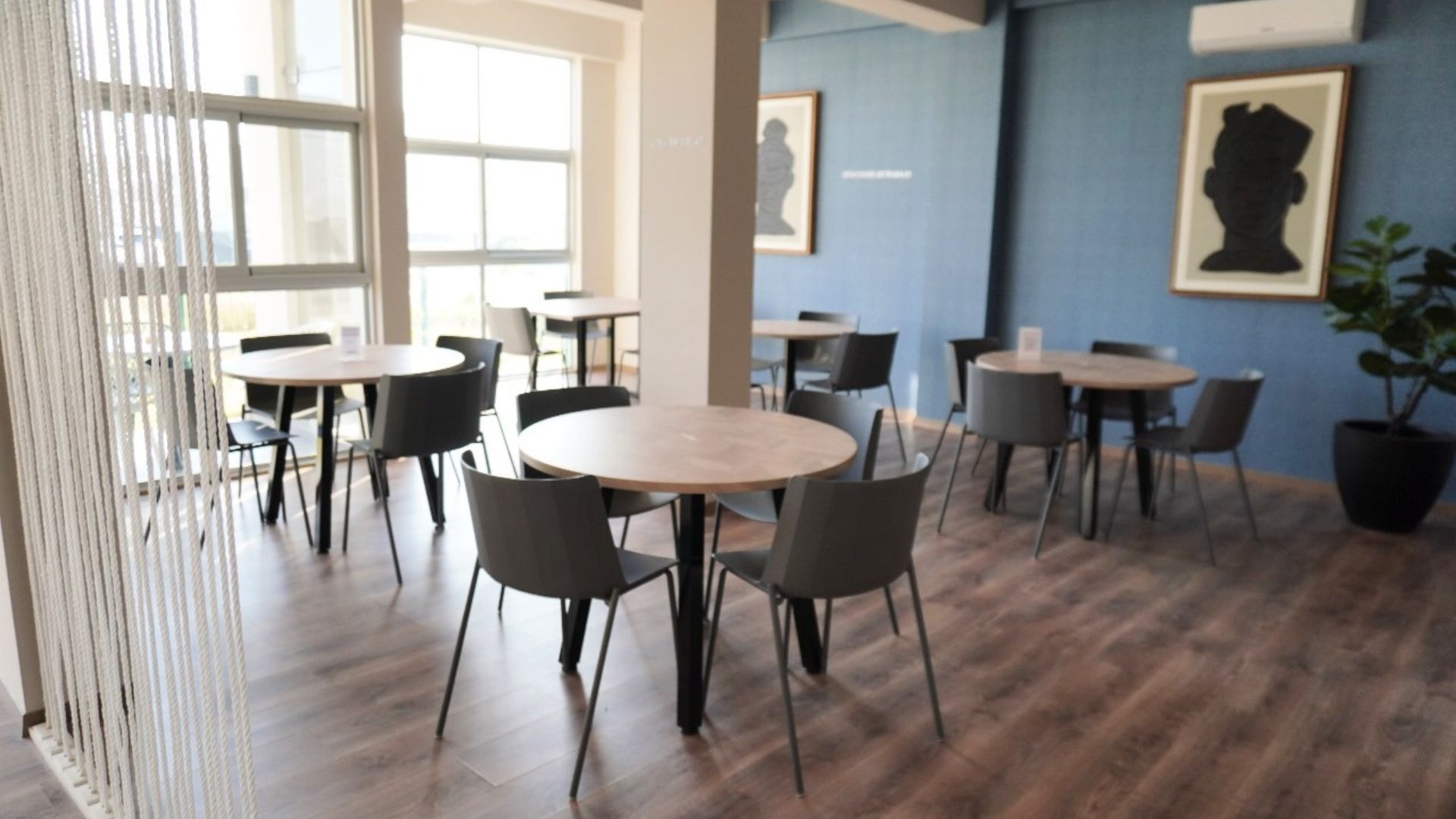 Cowork del edificio con escritorios, sillas ergonómicas y luz natural
