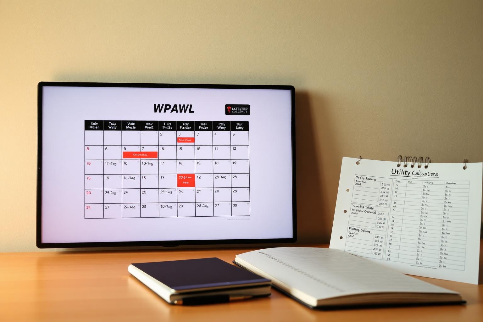 Calendario de alojamiento lleno de reservas junto a una libreta con cálculo de utilidad.