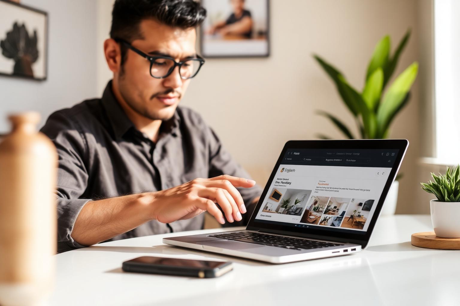 Anfitrión optimizando fotos y descripción de su anuncio de Airbnb en una laptop.