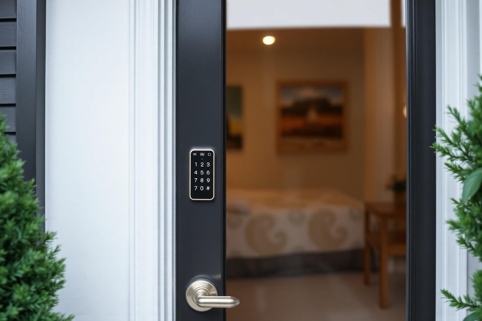 Puerta de alojamiento temporal con cerradura inteligente y señalización discreta.