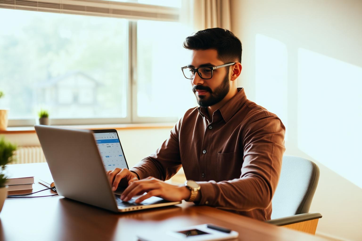 Anfitrión revisando números de su alojamiento en una laptop con calendario de reservas abierto.
