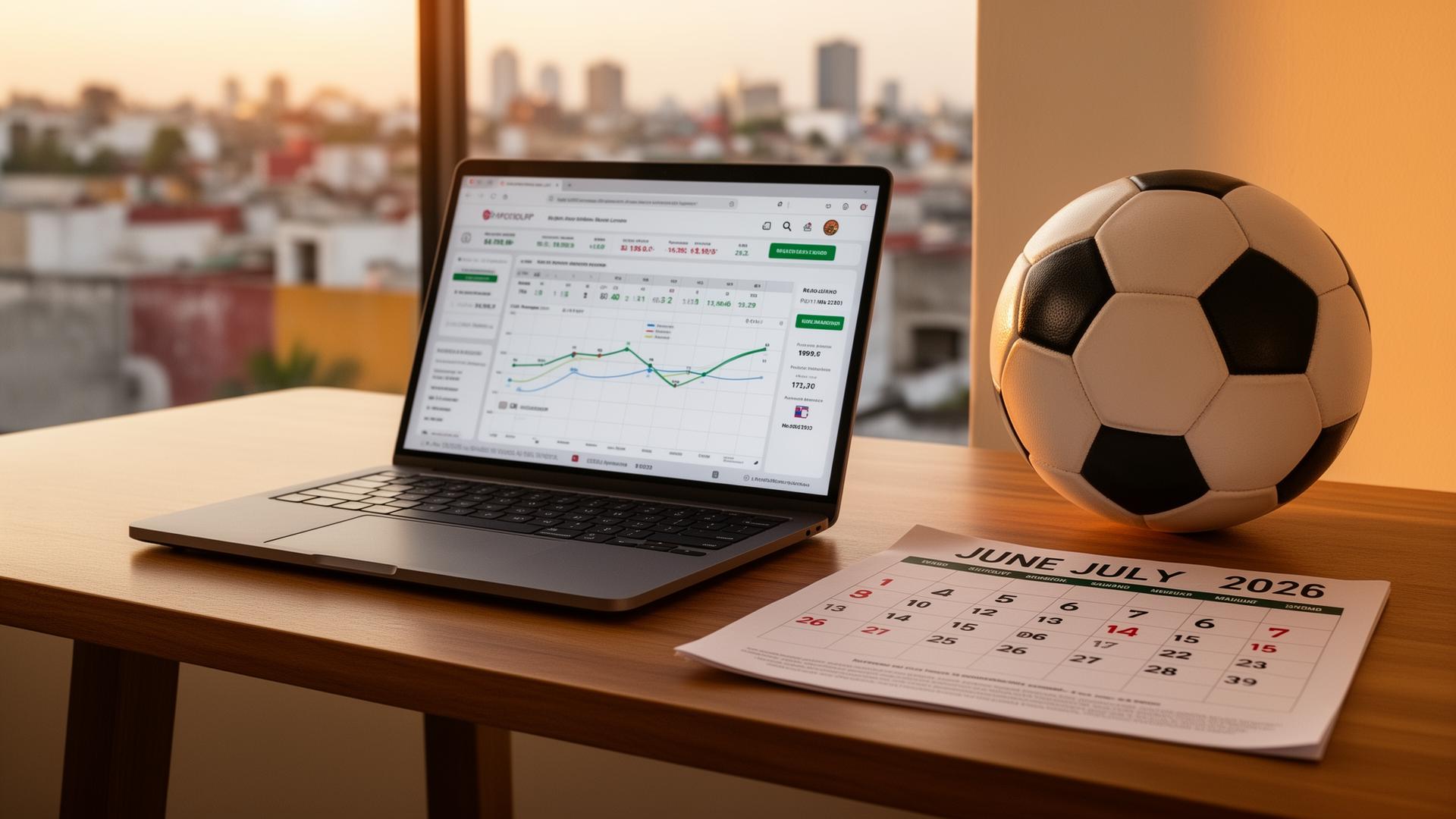 Anfitrión revisando tarifas de Airbnb para fechas del Mundial 2026 en una laptop.
