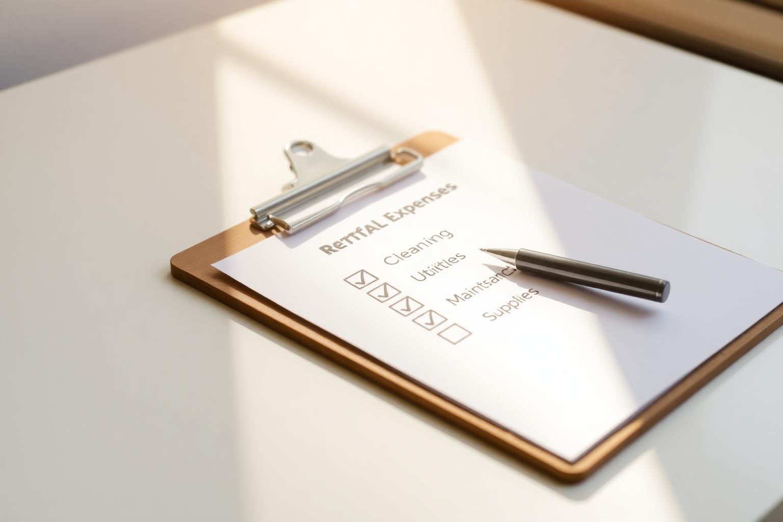 Lista de gastos de alojamiento con limpieza, servicios, mantenimiento y reposición marcados.