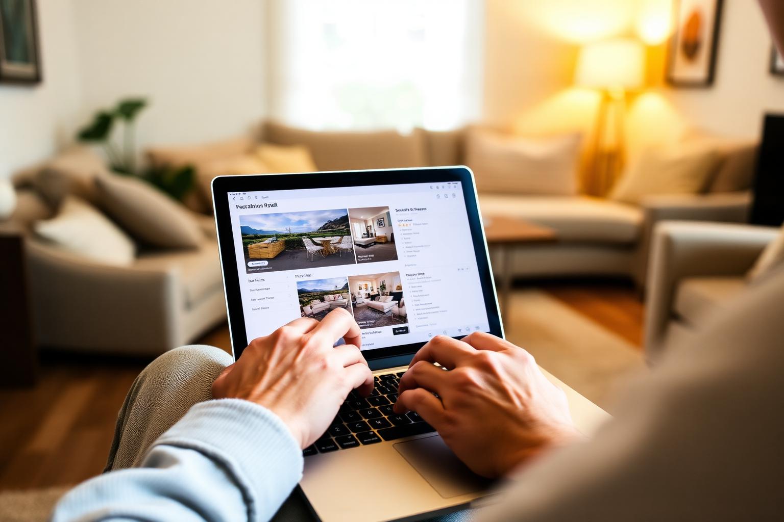 Persona comparando anuncios de Airbnb en una laptop antes de decidir una reserva.